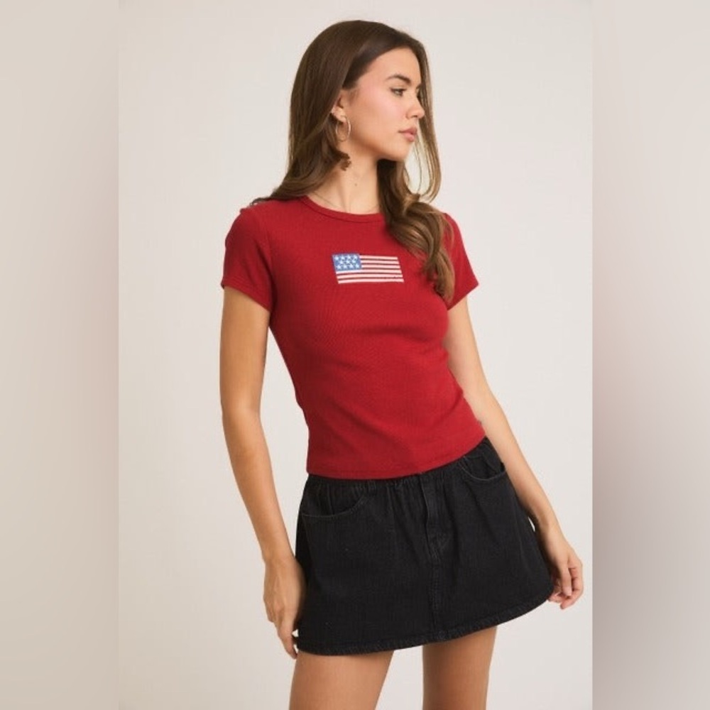 Embroidered American Flag Ribbed Baby Tee - Le Lis